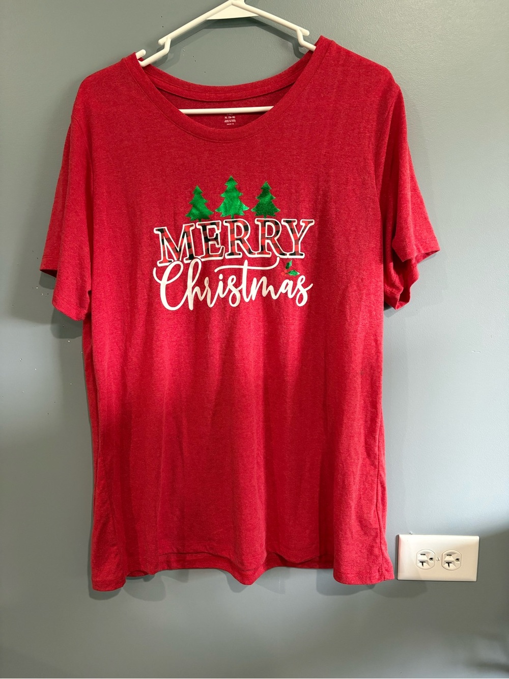 Holiday Time Women's Merry Christmas T-Shirt XL (16-18) Red Plaid Trees